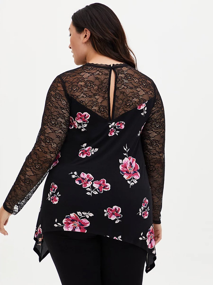 Lace Patchwork Floral Printed Blouse