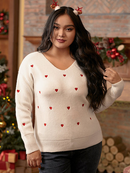V Neck Heart Pattern Sweater