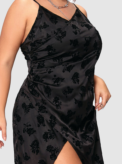 Flower Print Satin Split Cami Dress