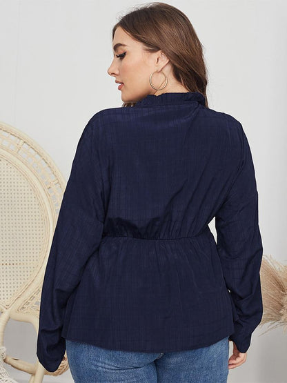 Grid Wrap V-neck Stand Collar Blouse