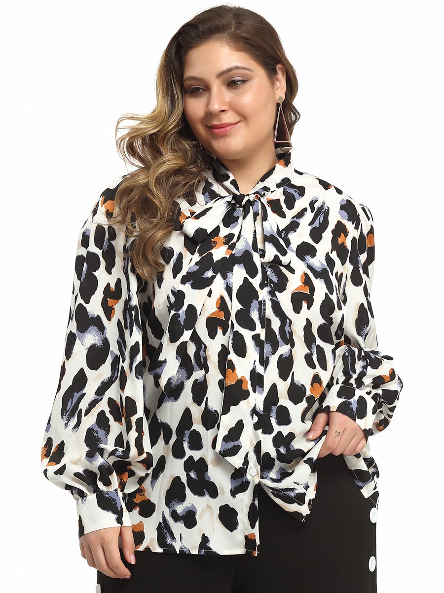 Leopard Printed Tie Collar Blouse