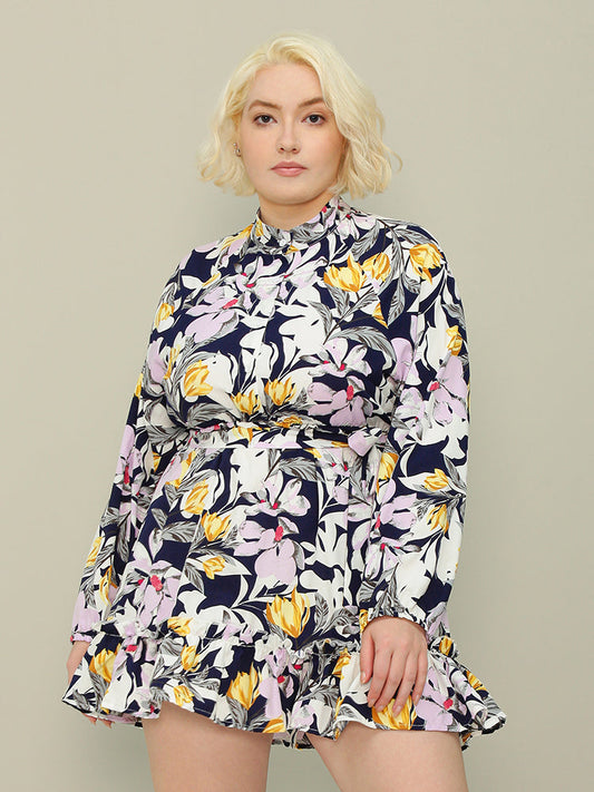 Mandarin Collar Ruffled Floral Dress