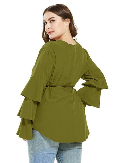 Ruffle Sleeve Belt Solid Blouse