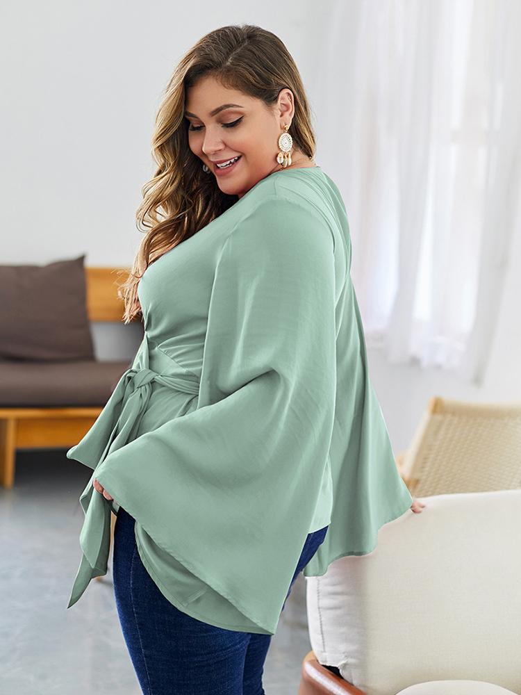 Flared Sleeves Belt V-neck Blouse