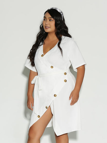 Button Bowknot Surplice Neck Dress