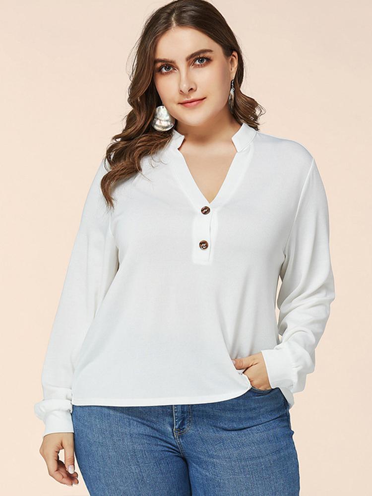 Button V-neck Stand Collar Blouse