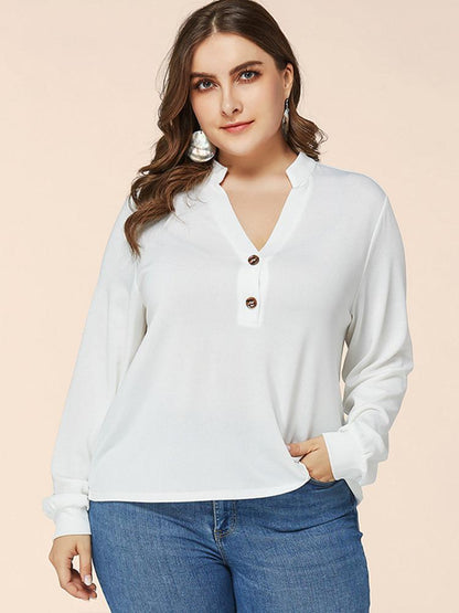 Button V-neck Stand Collar Blouse