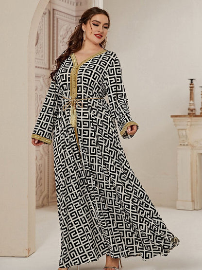 Printed Patchwork Belt V-neck Maxi Dress