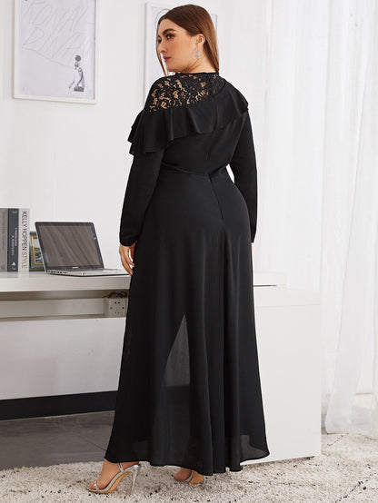 Lace Insert Ruffle Trim Skirt Overlay Jumpsuit Without Belt