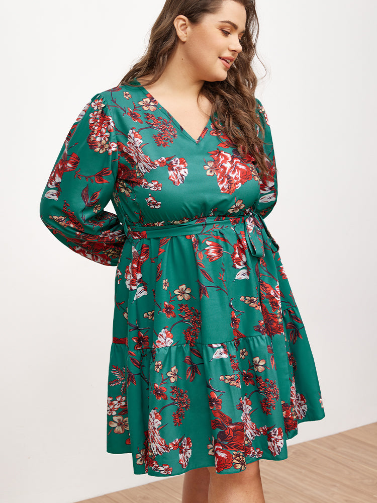 V-neck Lantern Sleeve Floral Dress