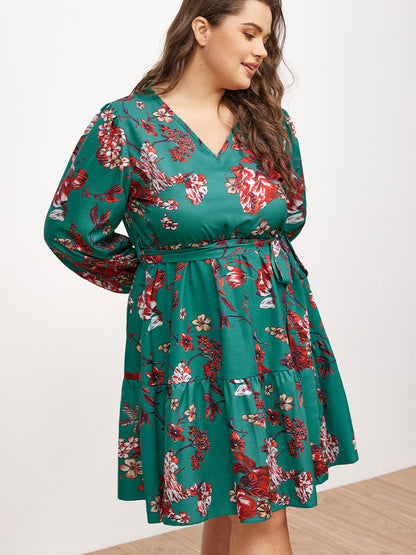 V-neck Lantern Sleeve Floral Dress