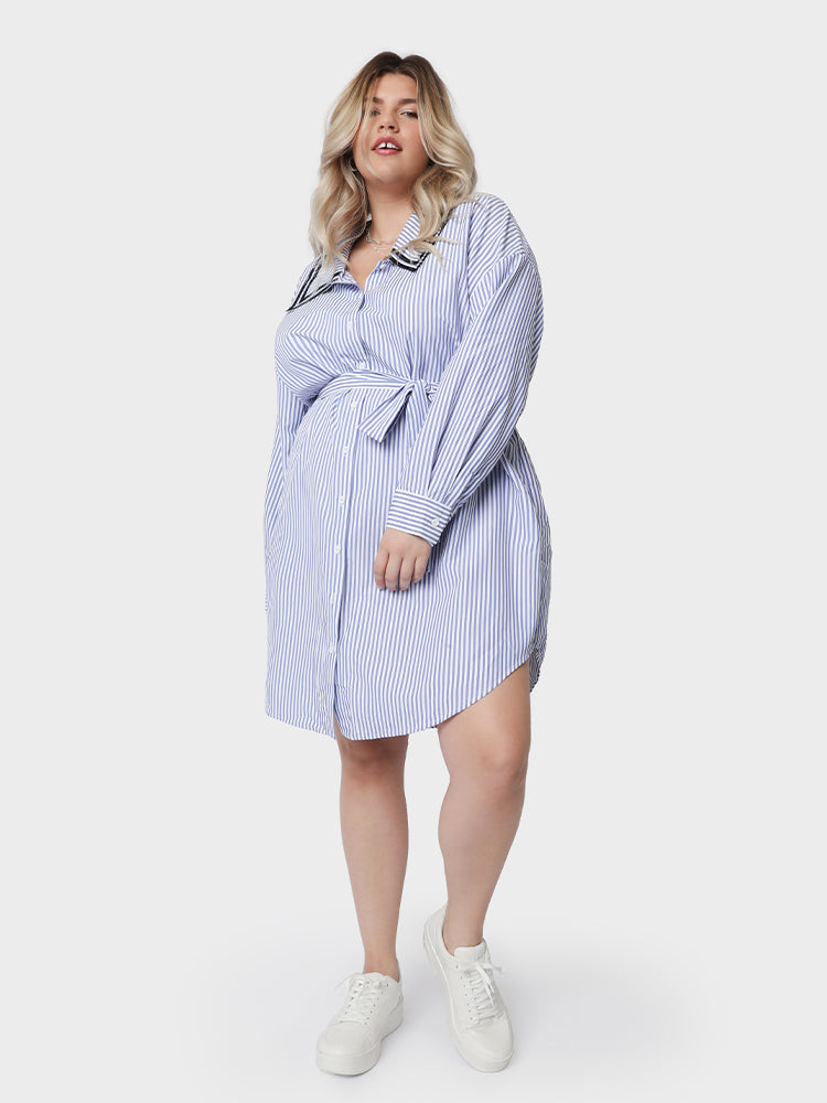 Lapel Collar Curved Hem Shirt Dress