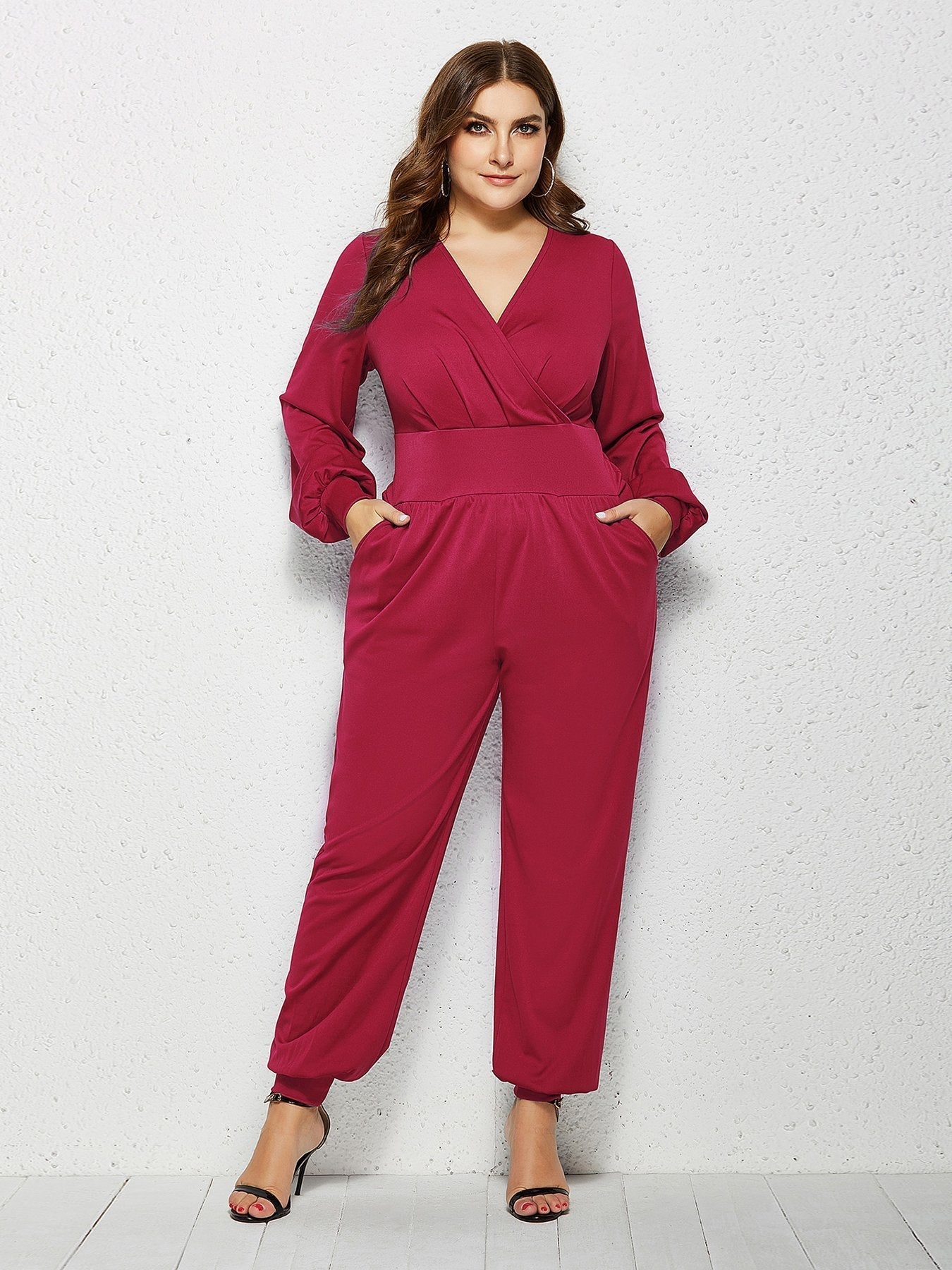 V-neck Wrap Solid Color Jumpsuits