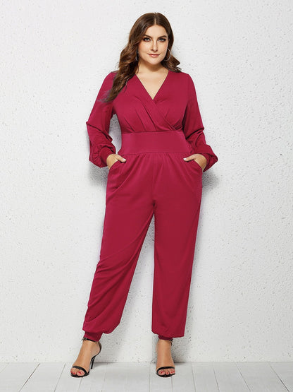 V-neck Wrap Solid Color Jumpsuits