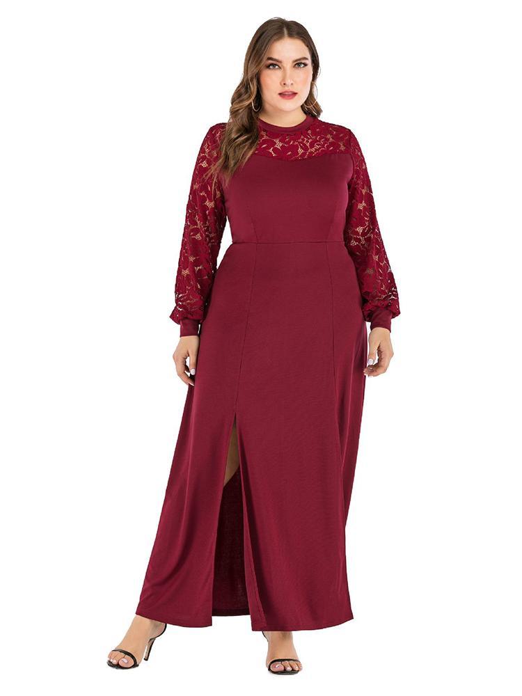 Lace Neckline Split Maxi Dress
