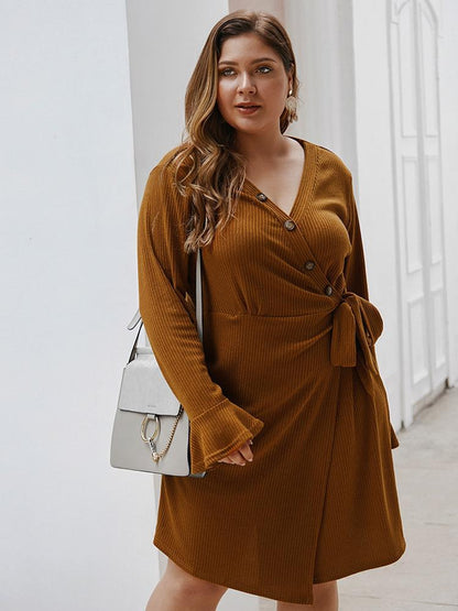 Sexy Buttton V-neck Knot Dress