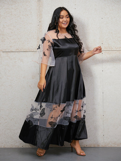 Butterfly Embroidery Contrast Mesh Dress