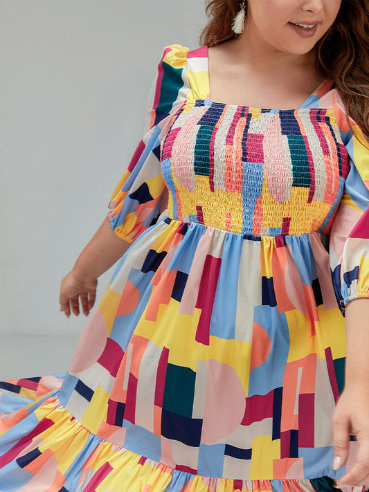 Geo Print Square Collar Dress