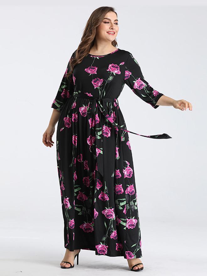 Floral Printed Belt Maxi Dress