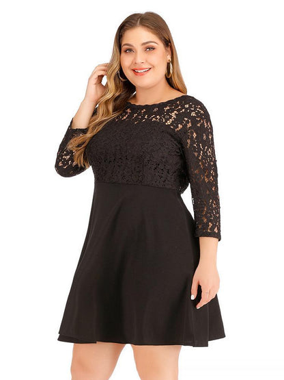 Lace Patchwork Round Neck  Backless Dress