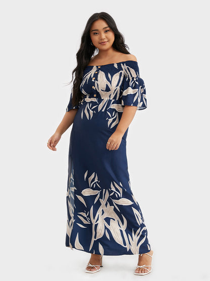 Floral Printing Split Off Shoulder Dress