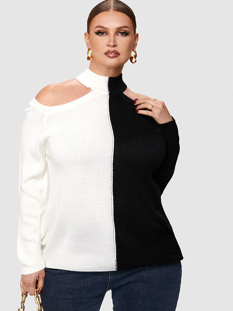 Colorblock Cut Out Shoulder Sweater
