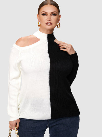 Colorblock Cut Out Shoulder Sweater