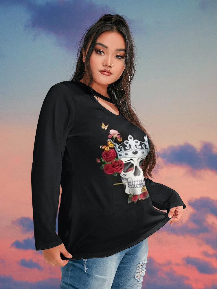 Halloween Skull Rose Print Cut Out T-shirt