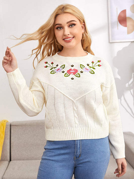 Drop Shoulder Embroidery Floral Sweater