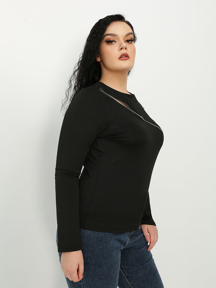 Diagonal Zipper Crew Neck T-shirt