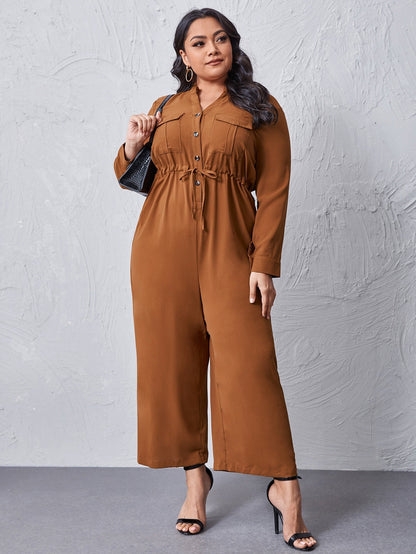 Drawstring Waist Wide-leg Shirt Jumpsuit