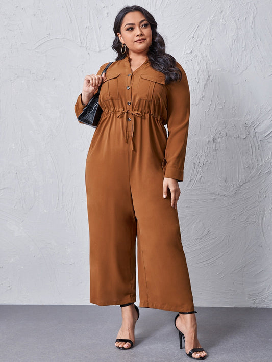 Drawstring Waist Wide-leg Shirt Jumpsuit
