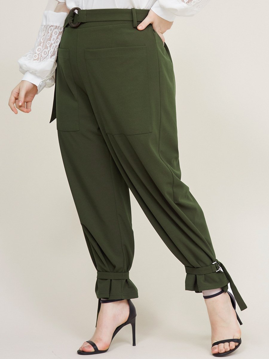 Belt Ankle Big Pockets Solid Casual Pants
