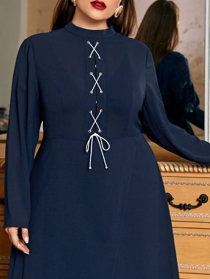 Mock Neck Lace Up Front Jumpsuit With Split Skirt