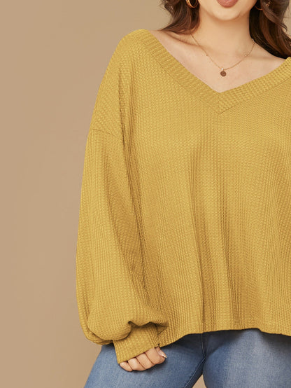 Drop Shoulder Lantern Sleeve Waffle Knit Top