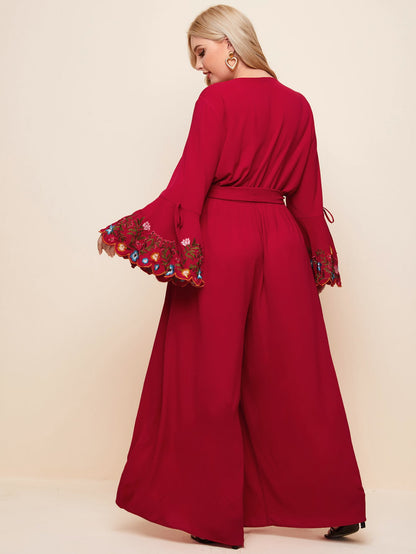 Embroidery Cuff Wide Leg Belted Jumpsuit