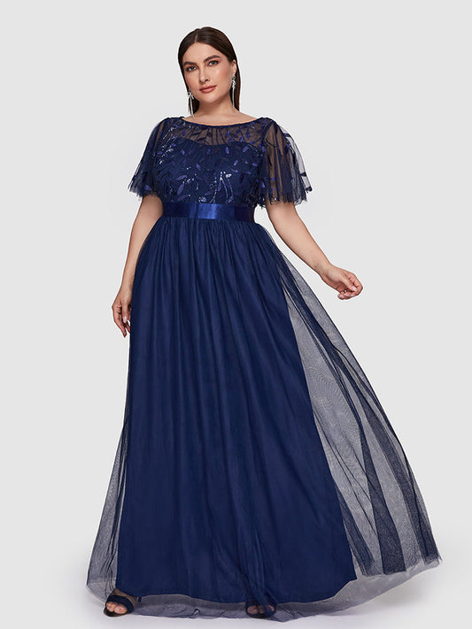 Sequin Plant Pattern Mesh Tiered Dress