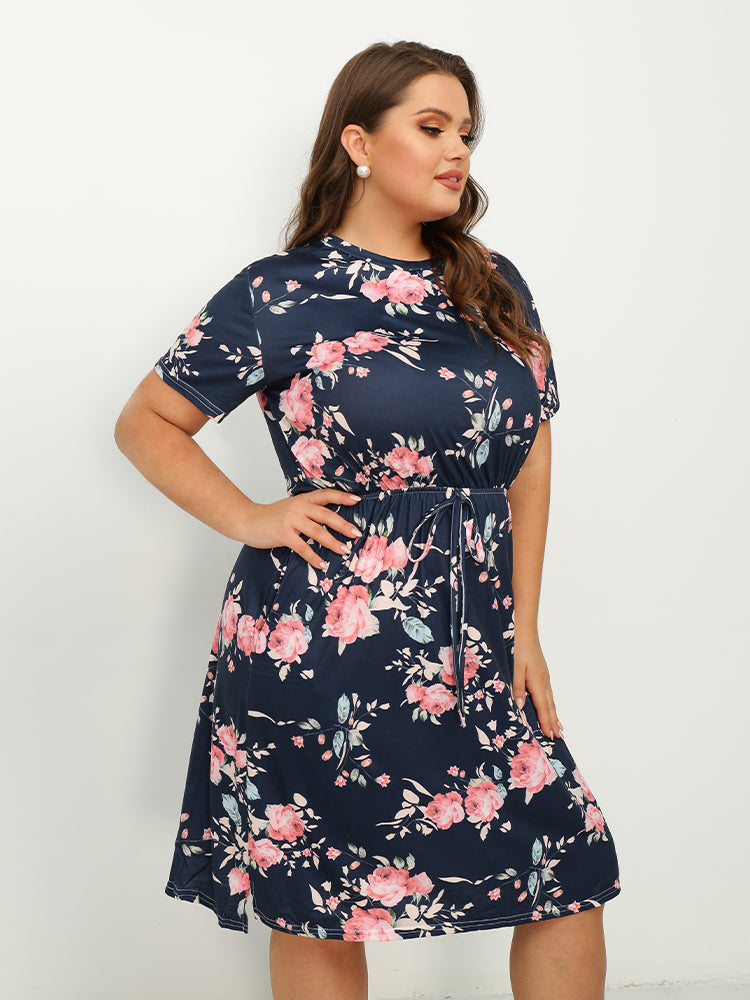 Floral Round Neck Short Sleeve Dress