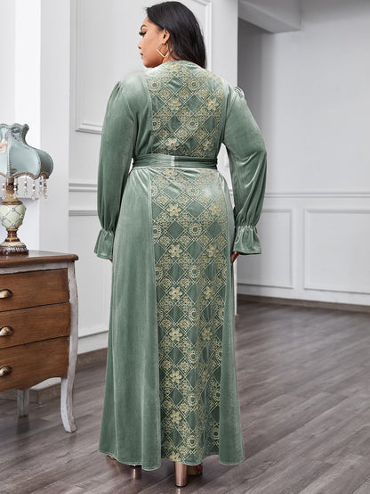 Floral & Argyle Embroidered Belt Velvet A-line Dress