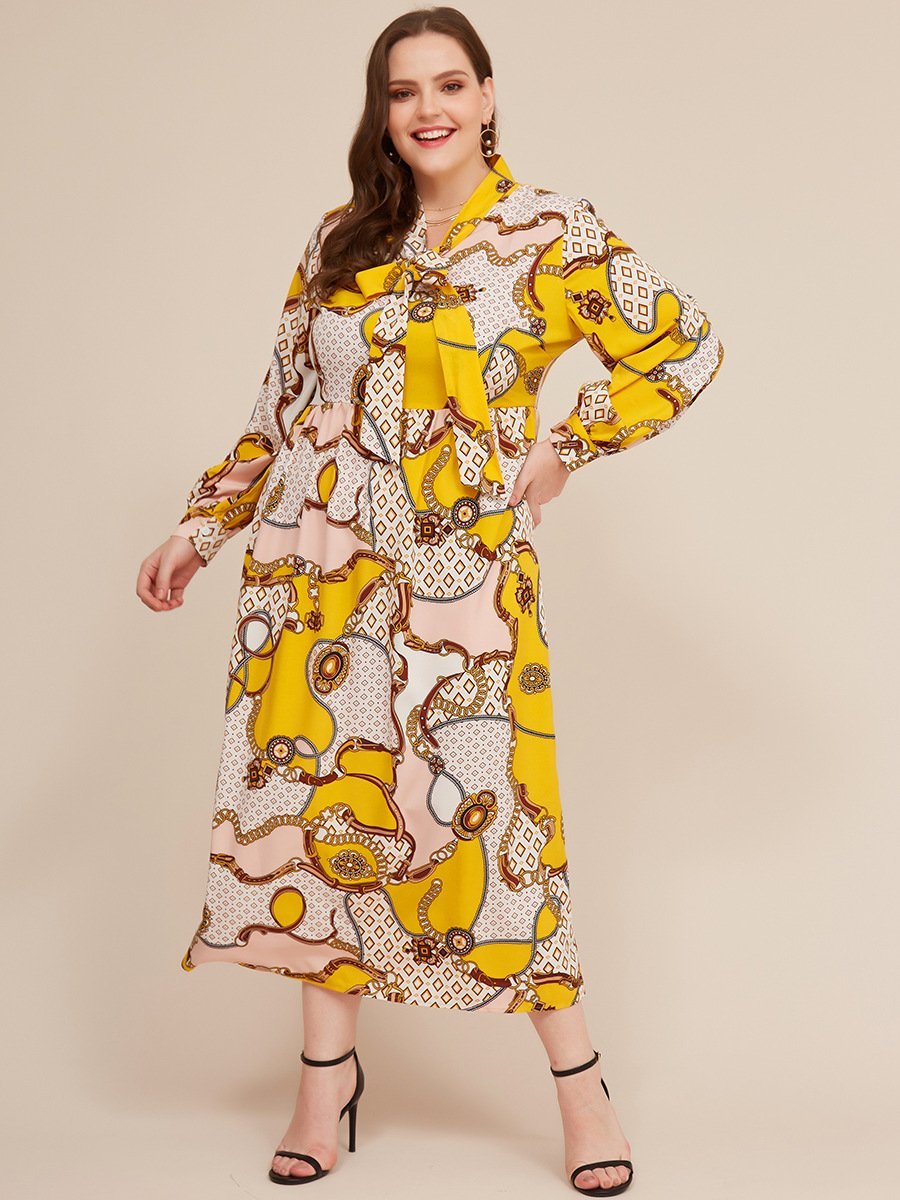 Printed Tie Lantern Sleeve Maxi Dress
