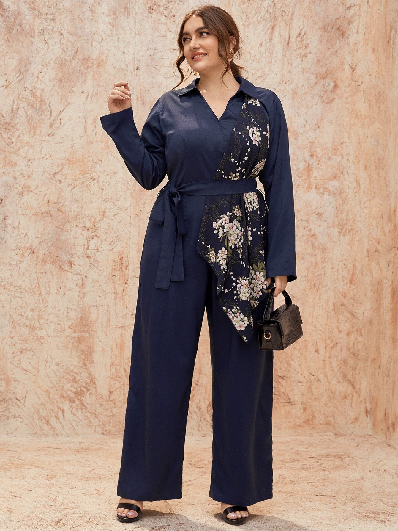 Floral Print Belted Zipper Wide-leg Jumpsuit