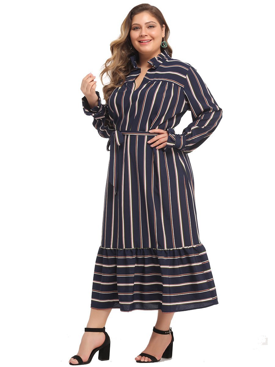 Stripe V-neck Belt Casual Maxi Dress