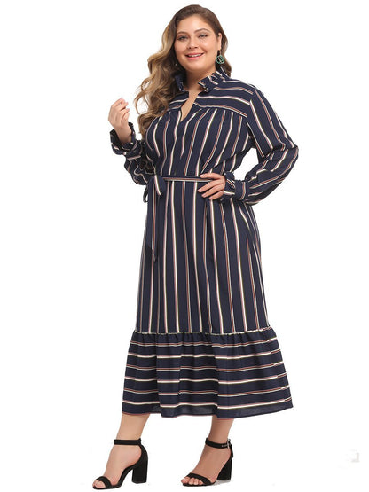 Stripe V-neck Belt Casual Maxi Dress