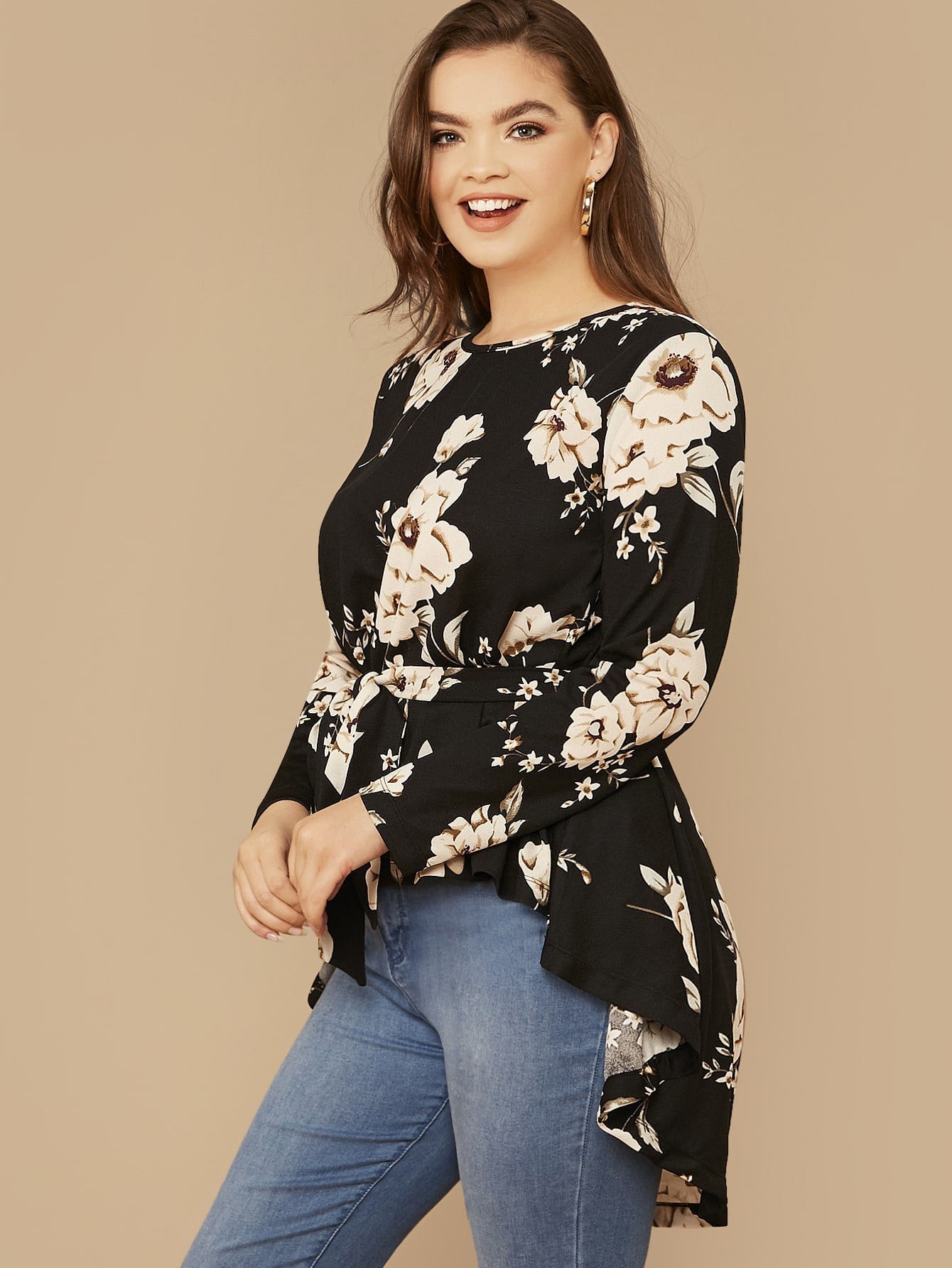 Floral Print High Low Hem Belted Top