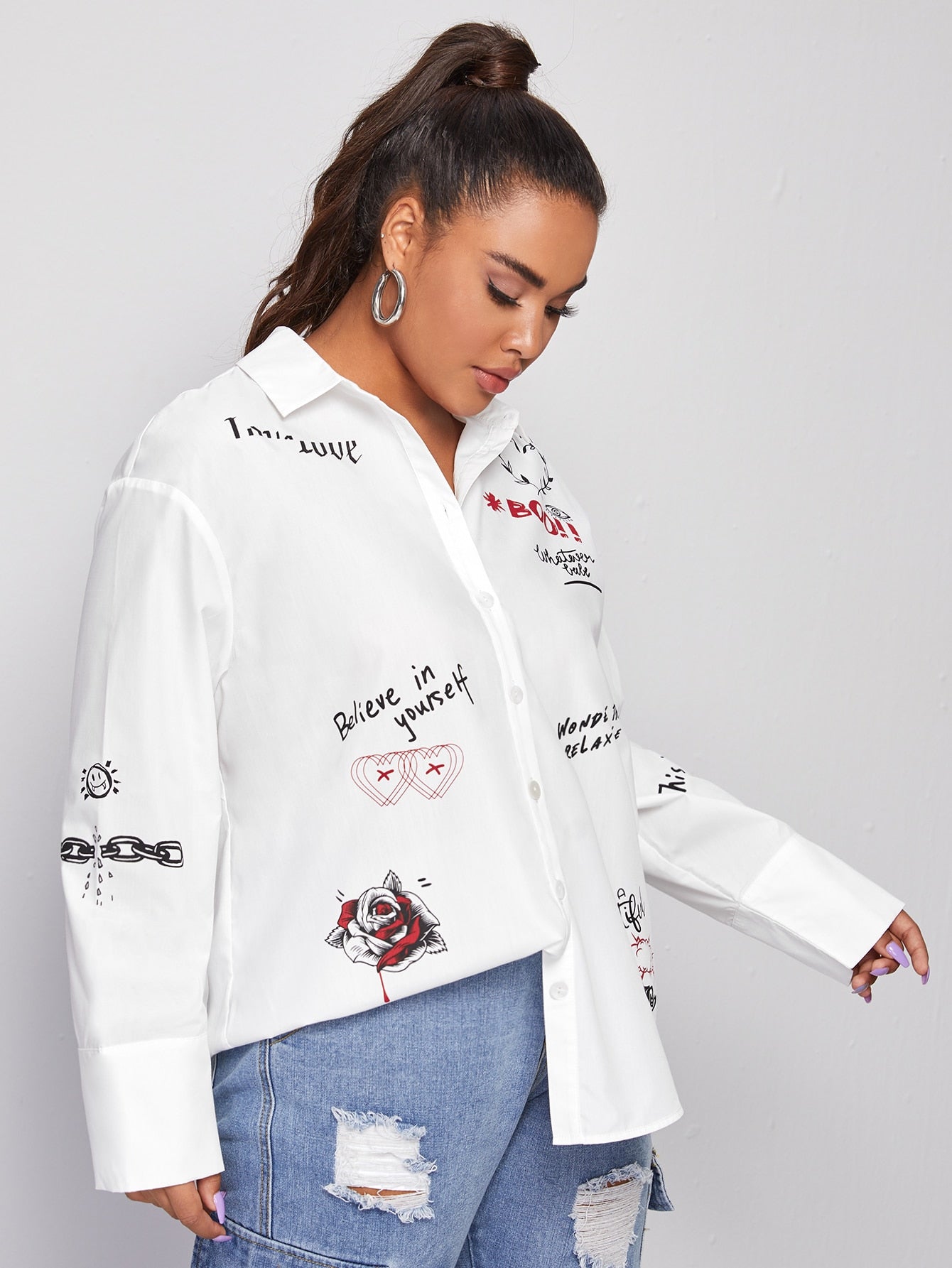Slogan Graphic Drop Shoulder Blouse