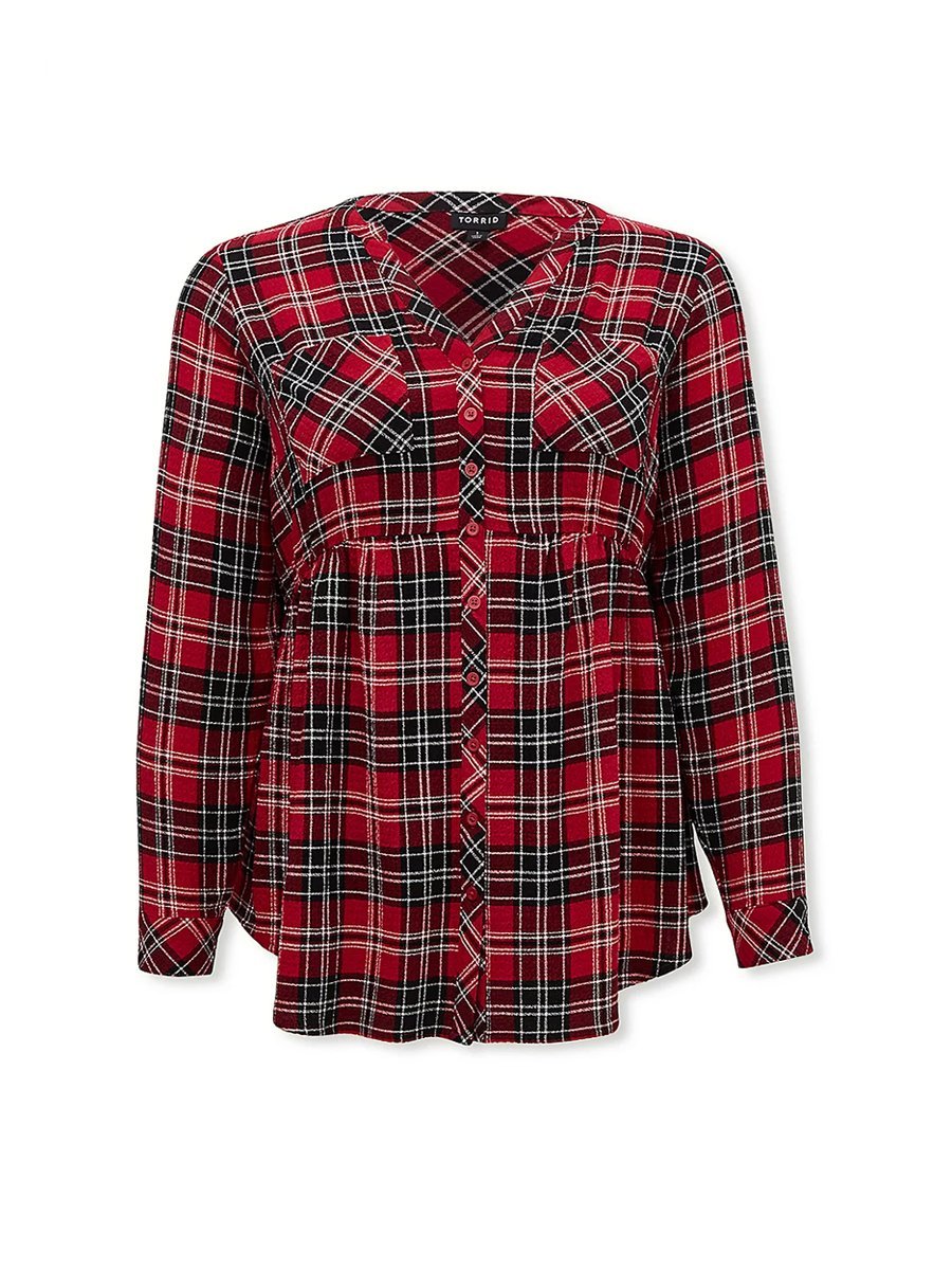 Plaid V-neck Button Up Blouse