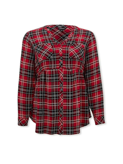 Plaid V-neck Button Up Blouse