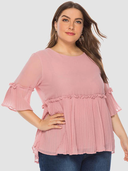 Pleated Hem Solid Color Chiffon T-shirt