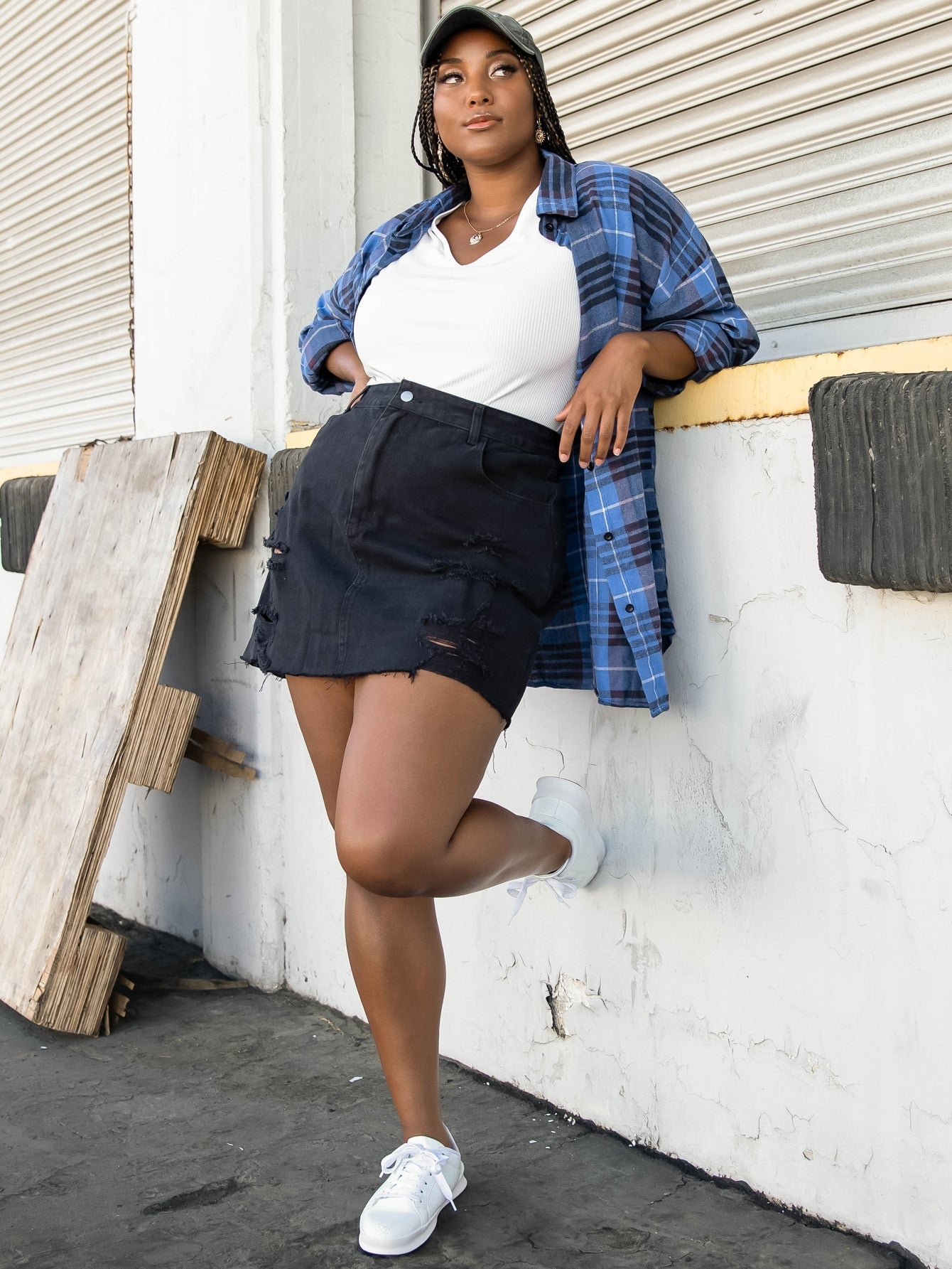 Plaid Print Curved Hem Overshirt