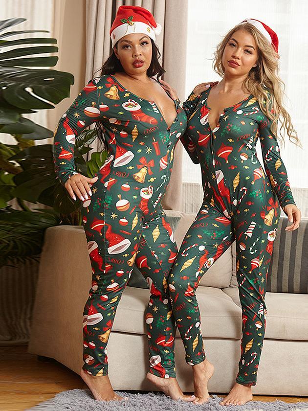 Christmas Printed V-neck Slim Fit Jumpsuit